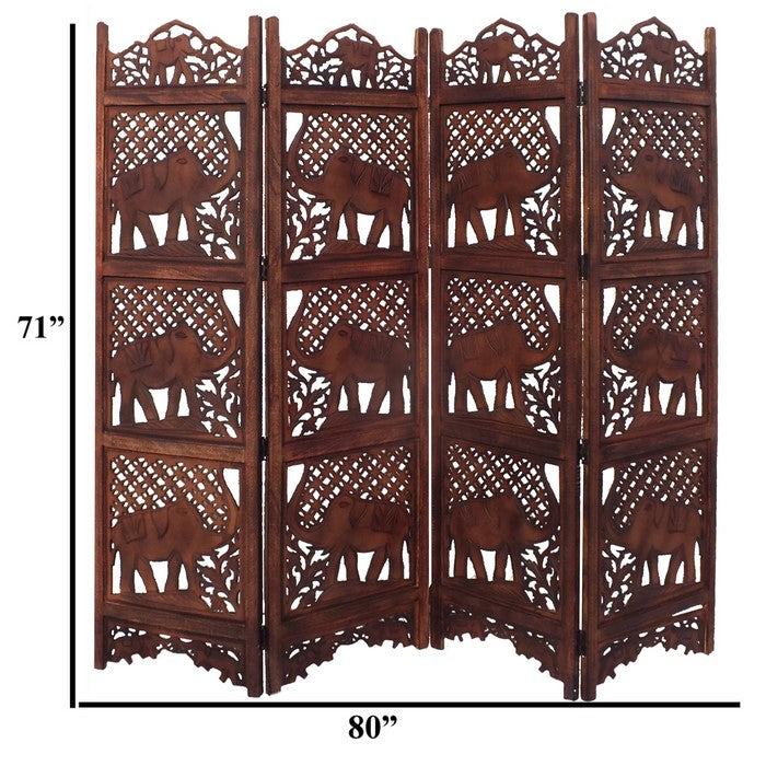 Benzara Hand Carved Elephant Design Foldable 4-Panel Wooden Room Divider, Brown