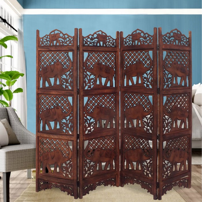 Benzara Hand Carved Elephant Design Foldable 4-Panel Wooden Room Divider, Brown