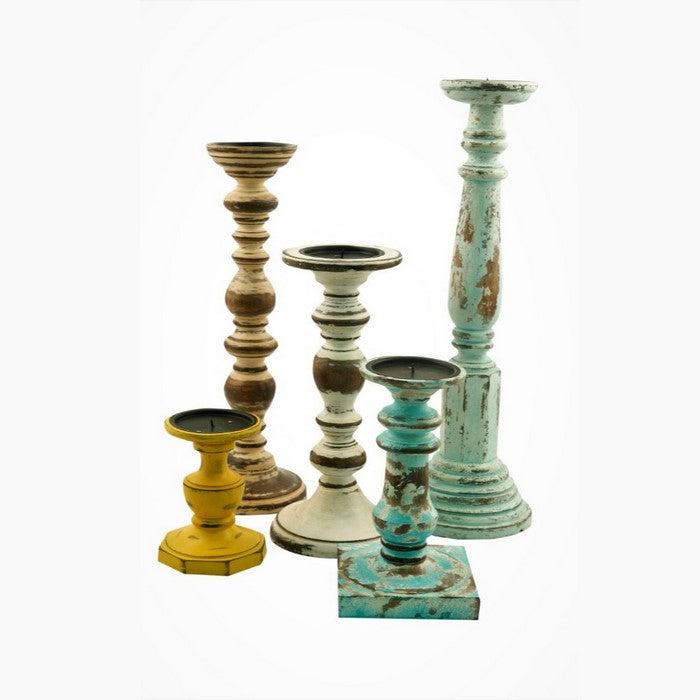 Benzara Distressed Finish Wooden Pillar Shaped Candleholder, Set of 5, Multicolor