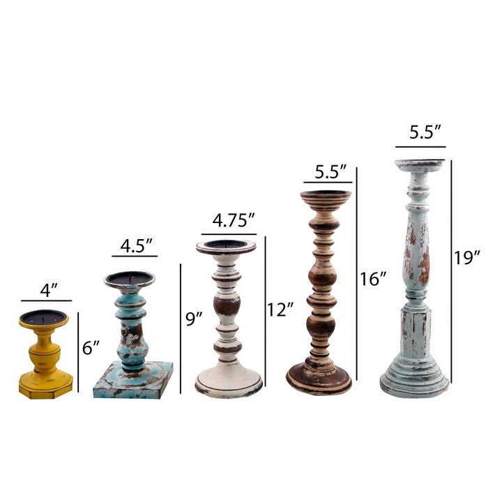 Benzara Distressed Finish Wooden Pillar Shaped Candleholder, Set of 5, Multicolor
