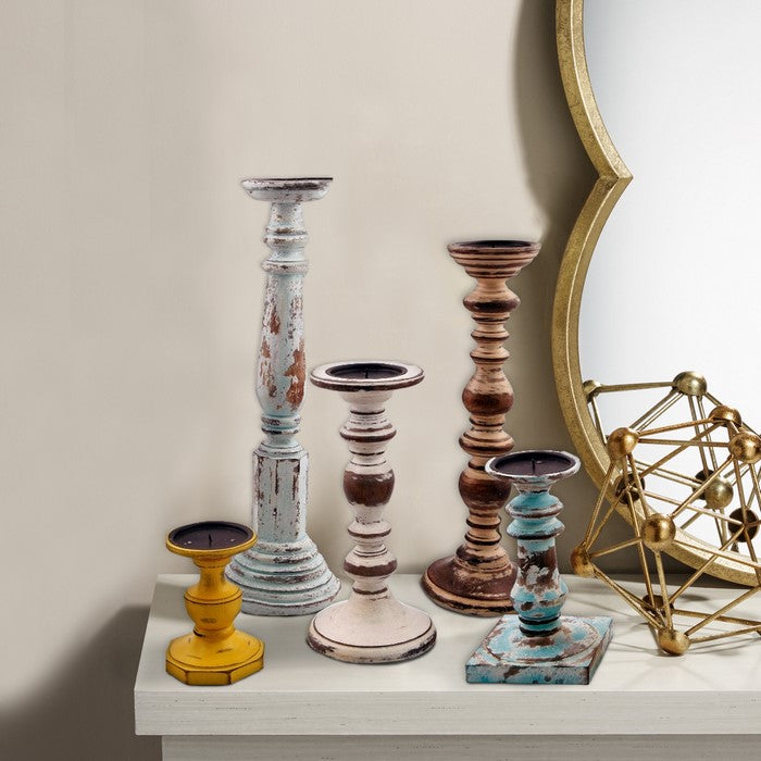 Benzara Distressed Finish Wooden Pillar Shaped Candleholder, Set of 5, Multicolor