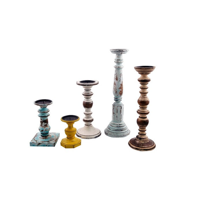Benzara Distressed Finish Wooden Pillar Shaped Candleholder, Set of 5, Multicolor