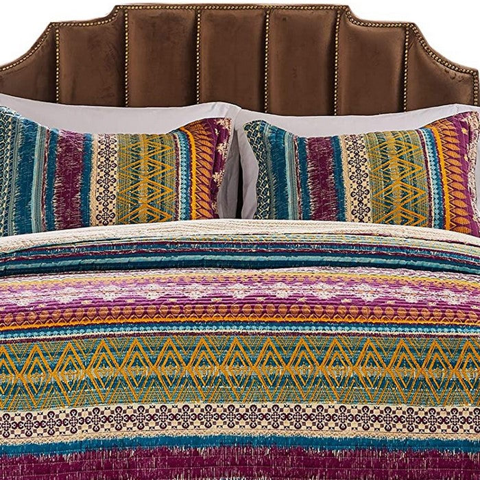 Tribal Motif Print Cotton Twin Quilt Set with 1 Pillow Sham, Multicolor