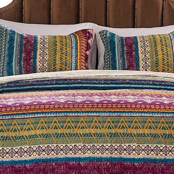 Tribal Motif Print Cotton King Quilt Set with 2 Pillow Sham, Multicolor