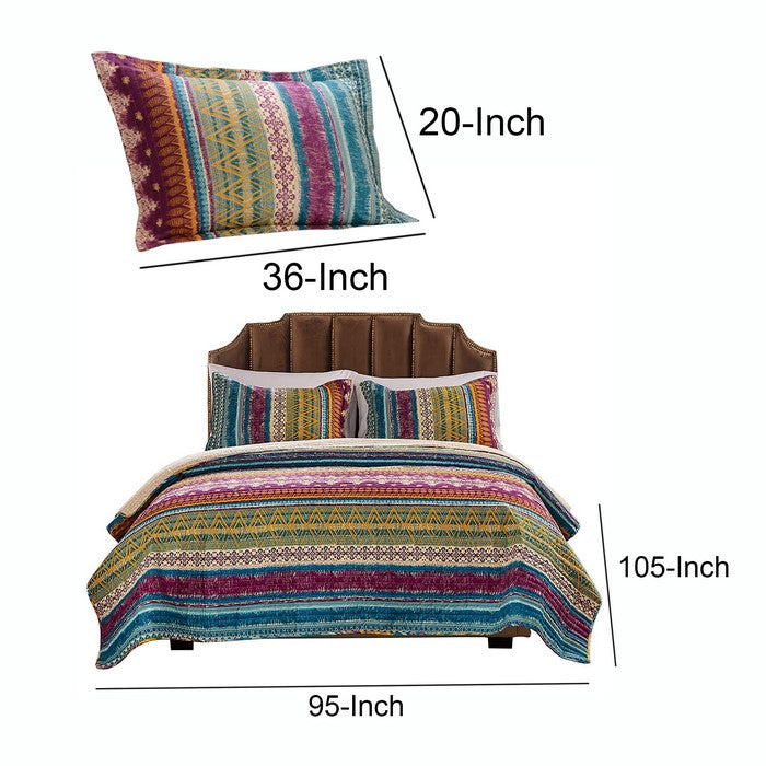 Tribal Motif Print Cotton King Quilt Set with 2 Pillow Sham, Multicolor