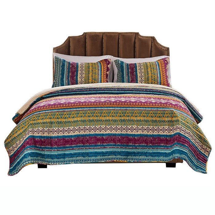 Tribal Motif Print Cotton King Quilt Set with 2 Pillow Sham, Multicolor