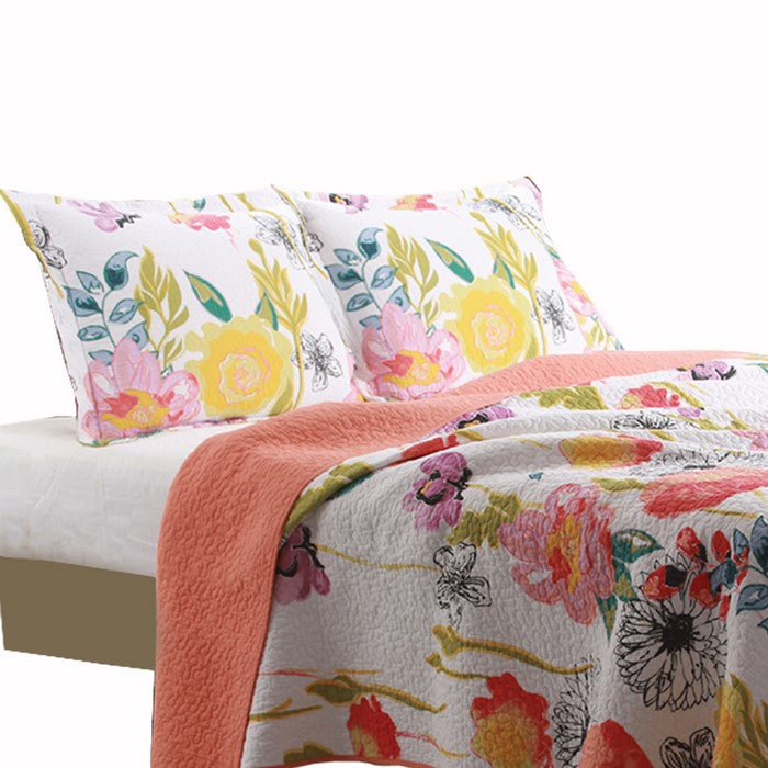2 Piece Cotton Twin Size Quilt Set with Stencil Flower Print, Multicolor