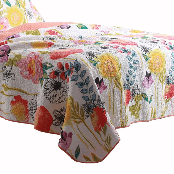 2 Piece Cotton Twin Size Quilt Set with Stencil Flower Print, Multicolor