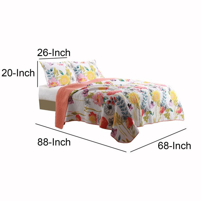 2 Piece Cotton Twin Size Quilt Set with Stencil Flower Print, Multicolor