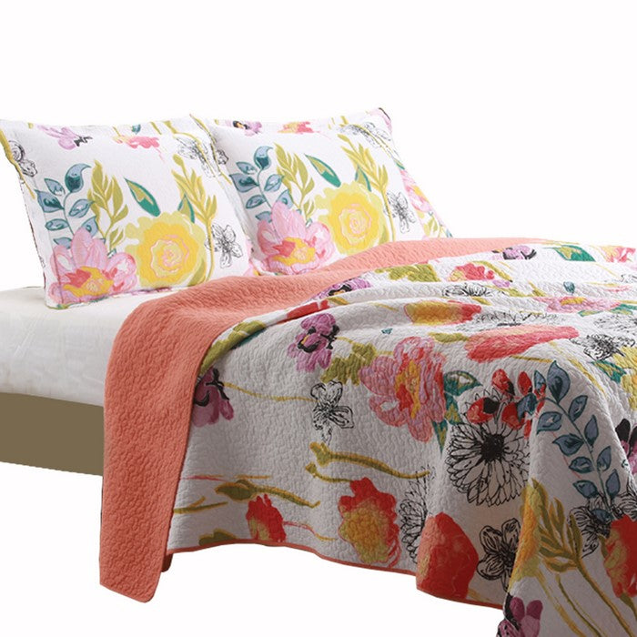 3 Piece Cotton Full Size Quilt Set with Stencil Flower Print, Multicolor