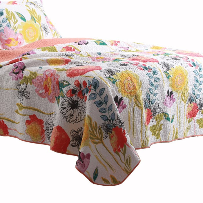 3 Piece Cotton Full Size Quilt Set with Stencil Flower Print, Multicolor
