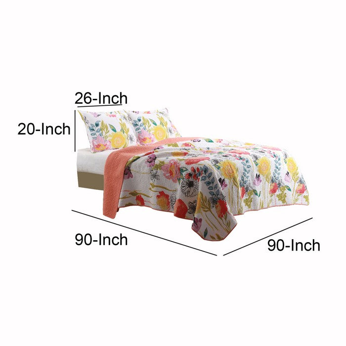 3 Piece Cotton Full Size Quilt Set with Stencil Flower Print, Multicolor