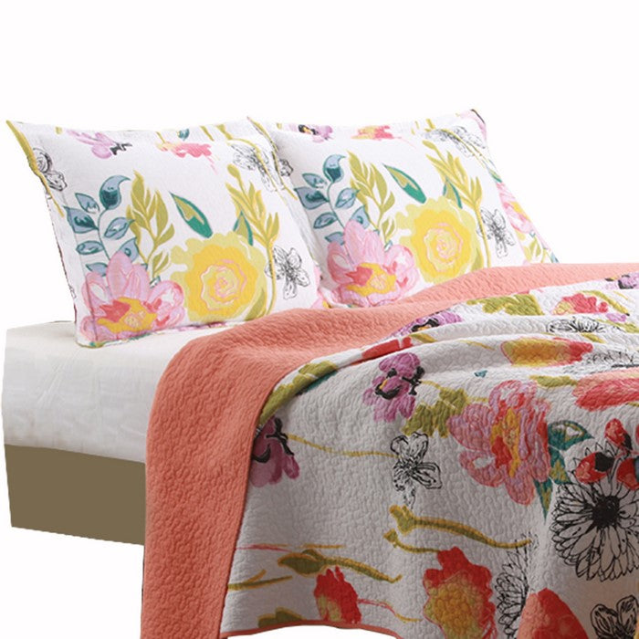 3 Piece Cotton King Size Quilt Set with Stencil Flower Print, Multicolor