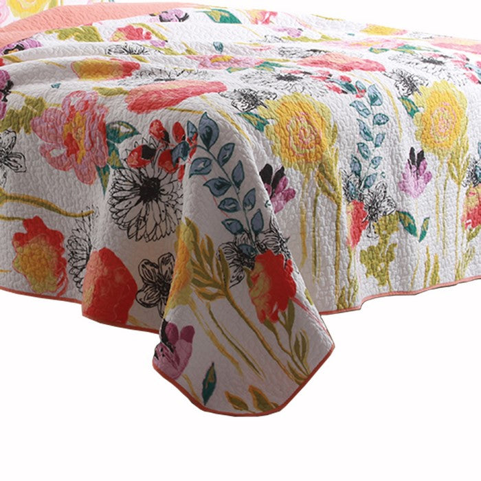 3 Piece Cotton King Size Quilt Set with Stencil Flower Print, Multicolor