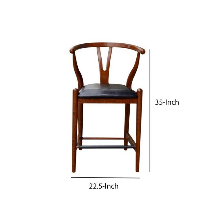 Wooden Fiddle Back Counter Stool with Leatherette Seating, Cherry Brown