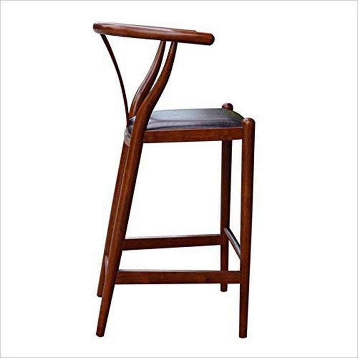 Wooden Fiddle Back Barstool with Leatherette Seating, Cherry Brown