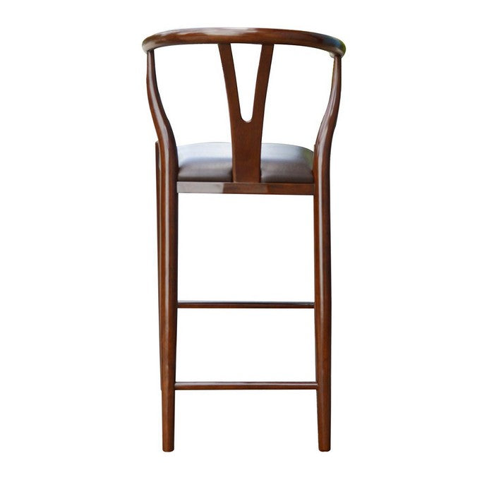 Wooden Fiddle Back Barstool with Leatherette Seating, Cherry Brown