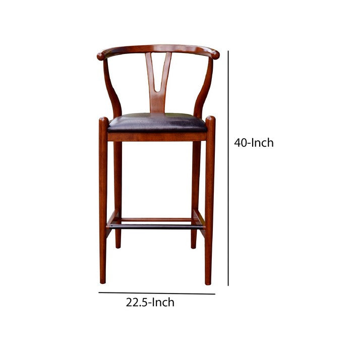 Wooden Fiddle Back Barstool with Leatherette Seating, Cherry Brown