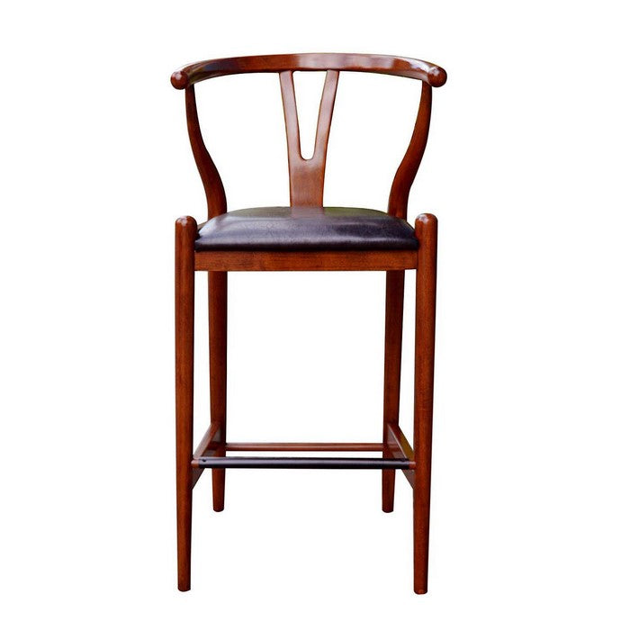 Wooden Fiddle Back Barstool with Leatherette Seating, Cherry Brown