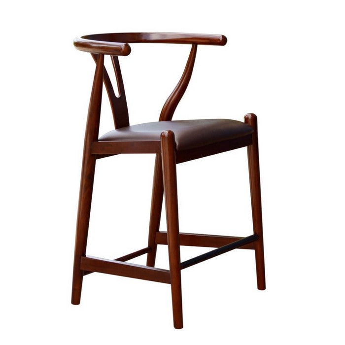 24 Inch Fiddle Back Counter Stool with Leatherette Seating, Walnut Brown
