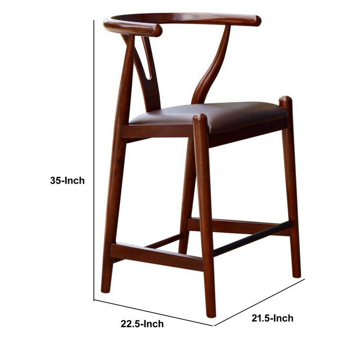 24 Inch Fiddle Back Counter Stool with Leatherette Seating, Walnut Brown
