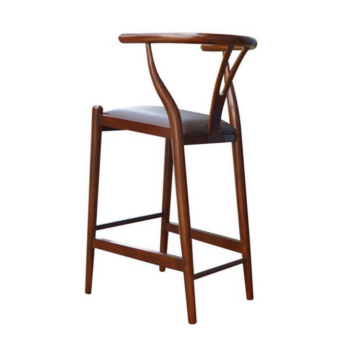 Wooden Fiddle Back Barstool with Leatherette Seating, Walnut Brown