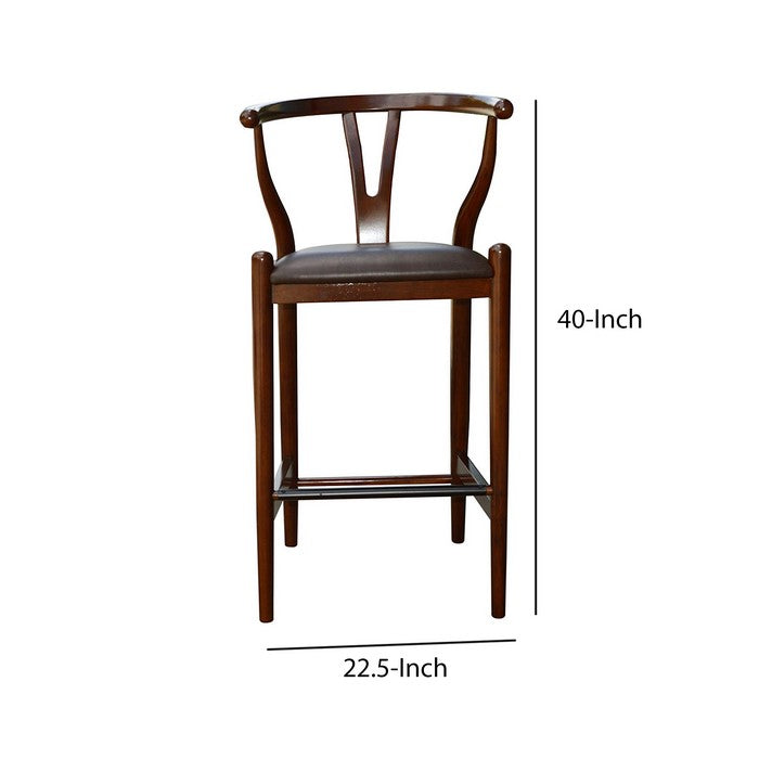 Wooden Fiddle Back Barstool with Leatherette Seating, Walnut Brown