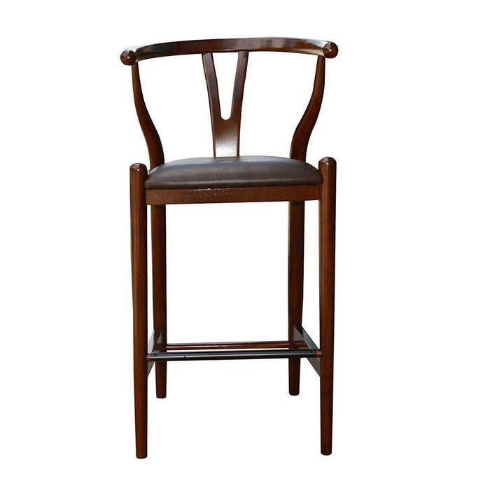 Wooden Fiddle Back Barstool with Leatherette Seating, Walnut Brown