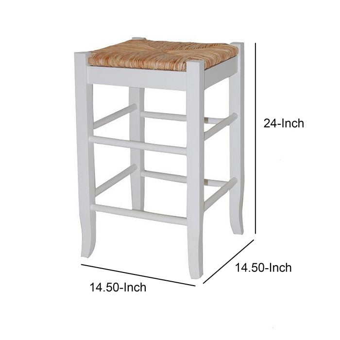 Square Wooden Frame Counter Stool with Hand Woven Rush, White and Brown