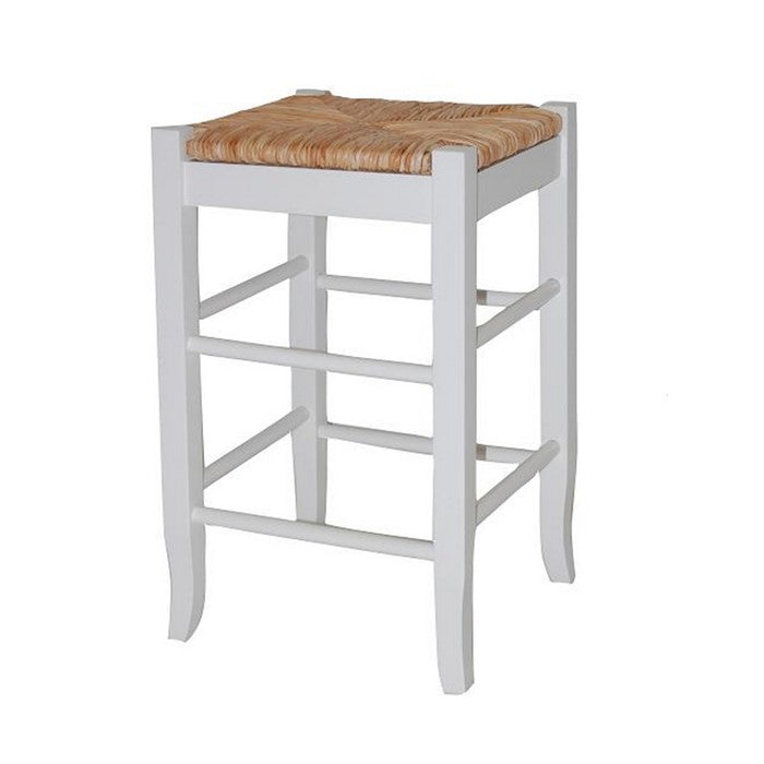 Square Wooden Frame Counter Stool with Hand Woven Rush, White and Brown