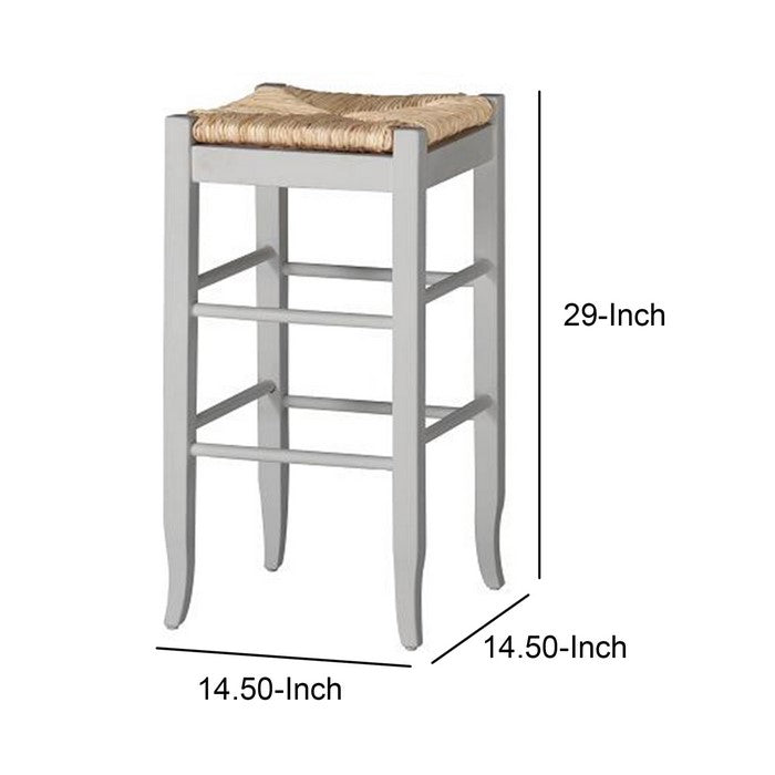 Square Wooden Frame Barstool with Hand Woven Rush, White and Brown