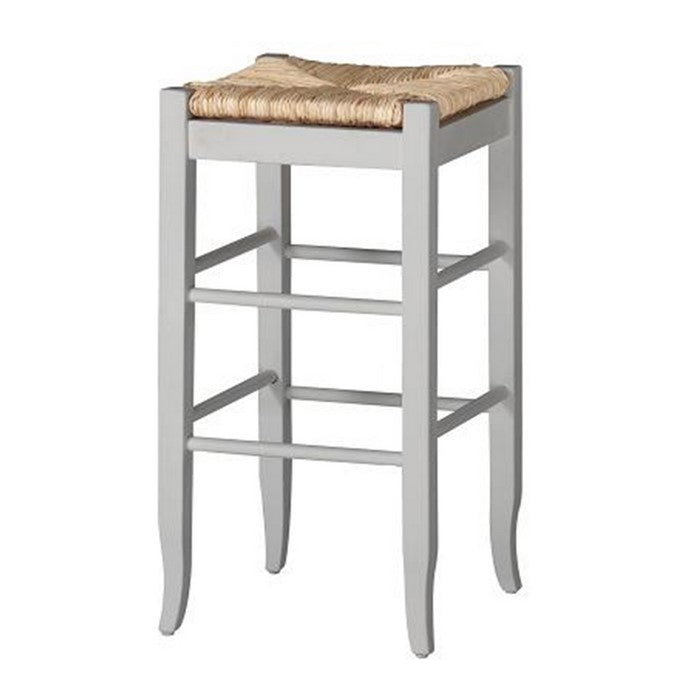 Square Wooden Frame Barstool with Hand Woven Rush, White and Brown