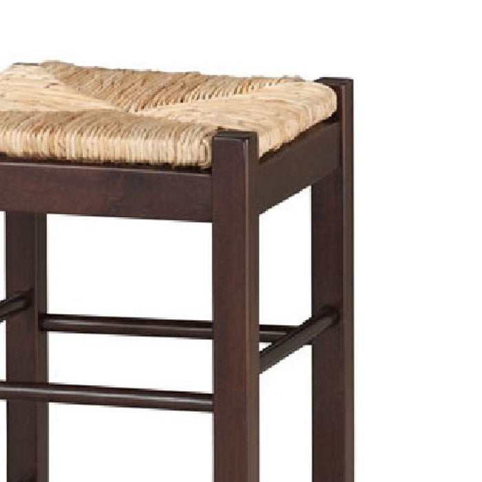 Rush Woven Wooden Frame Barstool with Saber Legs, Beige and Dark Brown