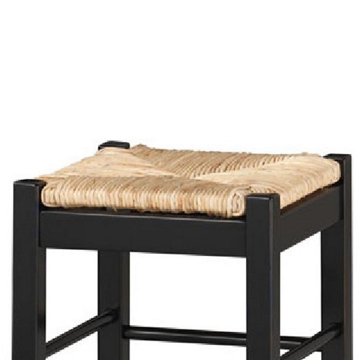 Rush Woven Wooden Frame Barstool with Saber Legs, Beige and Black