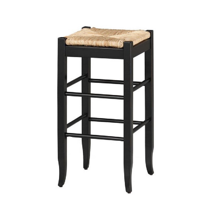 Rush Woven Wooden Frame Barstool with Saber Legs, Beige and Black