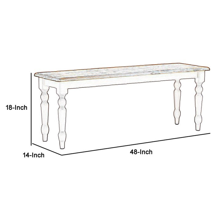 Grained Rectangular Wooden Bench with Turned Legs, Natural Brown and White