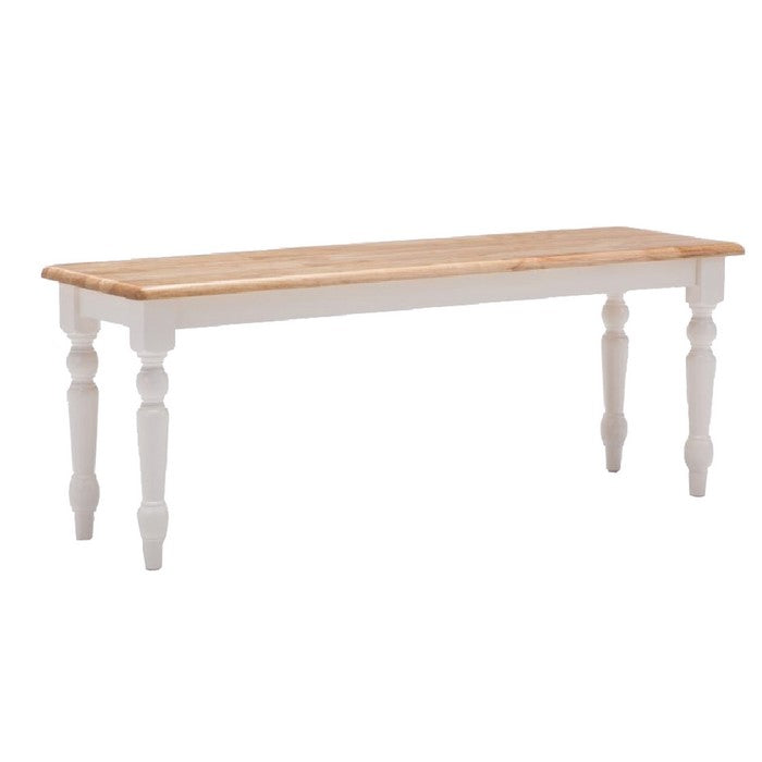 Grained Rectangular Wooden Bench with Turned Legs, Natural Brown and White