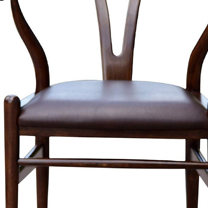 Wooden Dining Chair with Curved Backrest and Leatherette Seating, Dark Brown