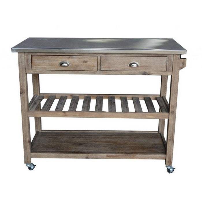 2 Drawers Wooden Frame Kitchen Cart with Metal Top and Casters, Gray