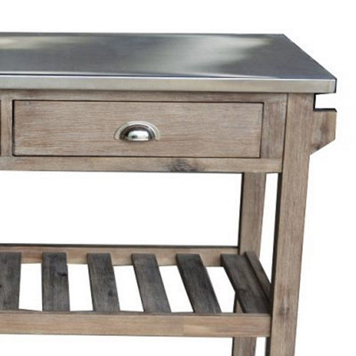 2 Drawers Wooden Frame Kitchen Cart with Metal Top and Casters, Gray
