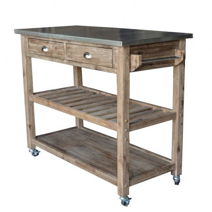 2 Drawers Wooden Frame Kitchen Cart with Metal Top and Casters, Gray