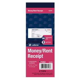 Adams Money/Rent Receipt Book, Carbonless, 3-Part, 2-3/4 x 7-3/16 Inches, 50 Sets per Book (TC2701)