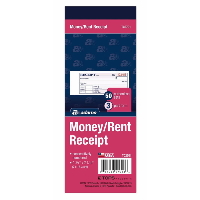 Adams Money/Rent Receipt Book, Carbonless, 3-Part, 2-3/4 x 7-3/16 Inches, 50 Sets per Book (TC2701)