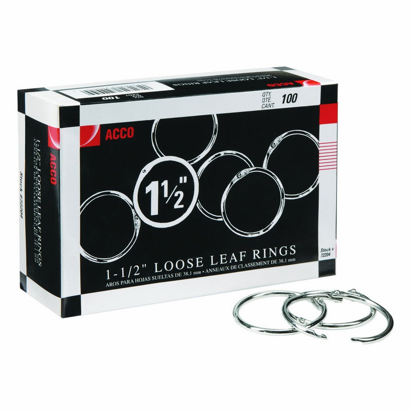 ACCO Loose Leaf Binder Rings, 1 1/2 Inch Capacity, Silver, 100 Rings/Box (72204)