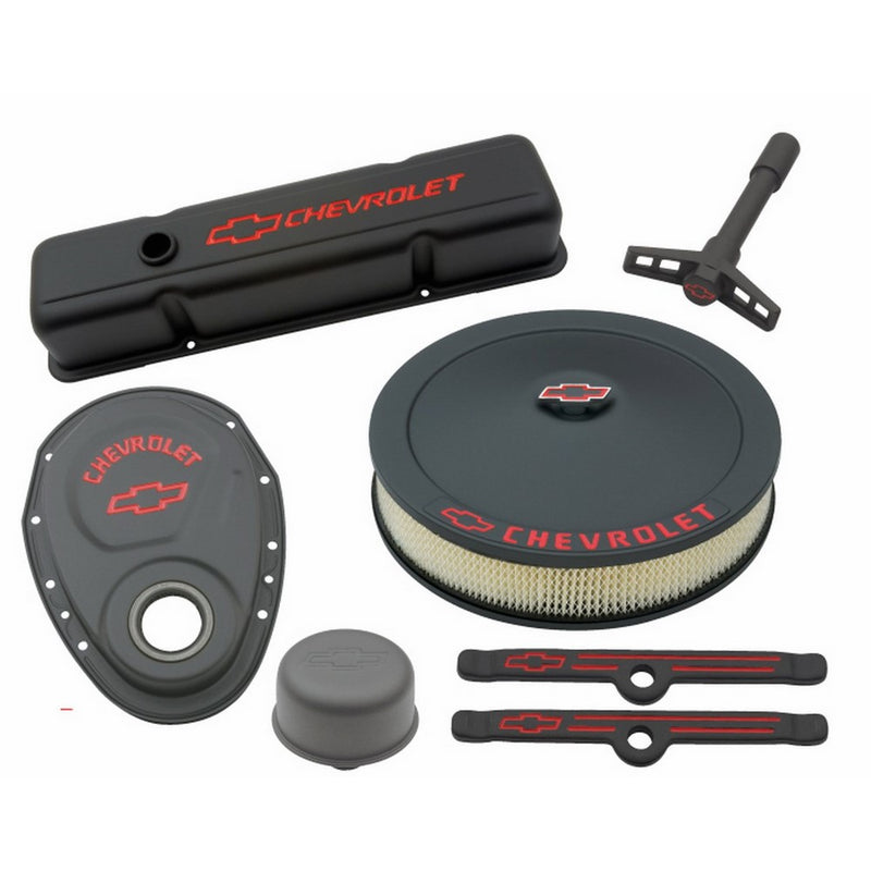 Proform 141-758 Black Crinkle Engine Dress-Up Kit with Red Chevrolet/Bowtie Logo for Small Block Chevy