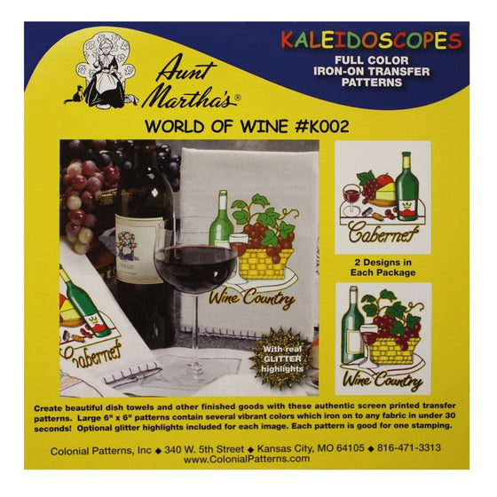 Aunt Martha's World of Wine Kaleidoscopes, Full Color Iron On Screenprinted Patterns, 2 Wine Themes