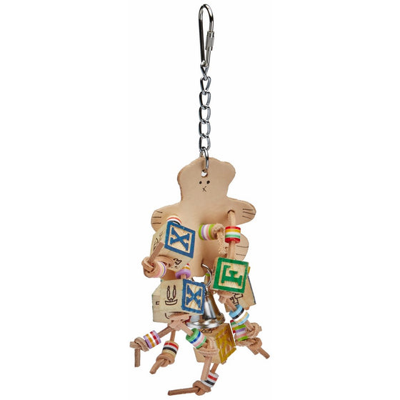 A&E CAGE COMPANY HB698 Happy beaks Leather Bear with Abc Blocks Assorted Bird Toy, 4.7 by 9.8"
