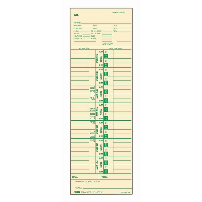 TOPS Time Cards, Weekly, 1-Sided, Numbered Days, 3-1/2" x 10-1/2", Manila, Green Print, 500-Count (1255)