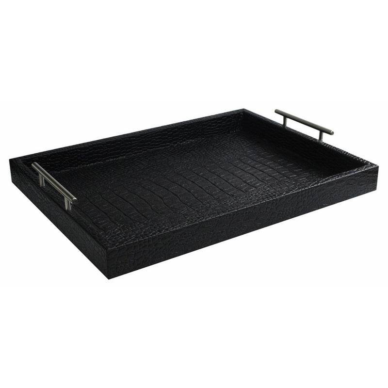 American Atelier Alligator Leather Serving Tray with Metal Handles, Black