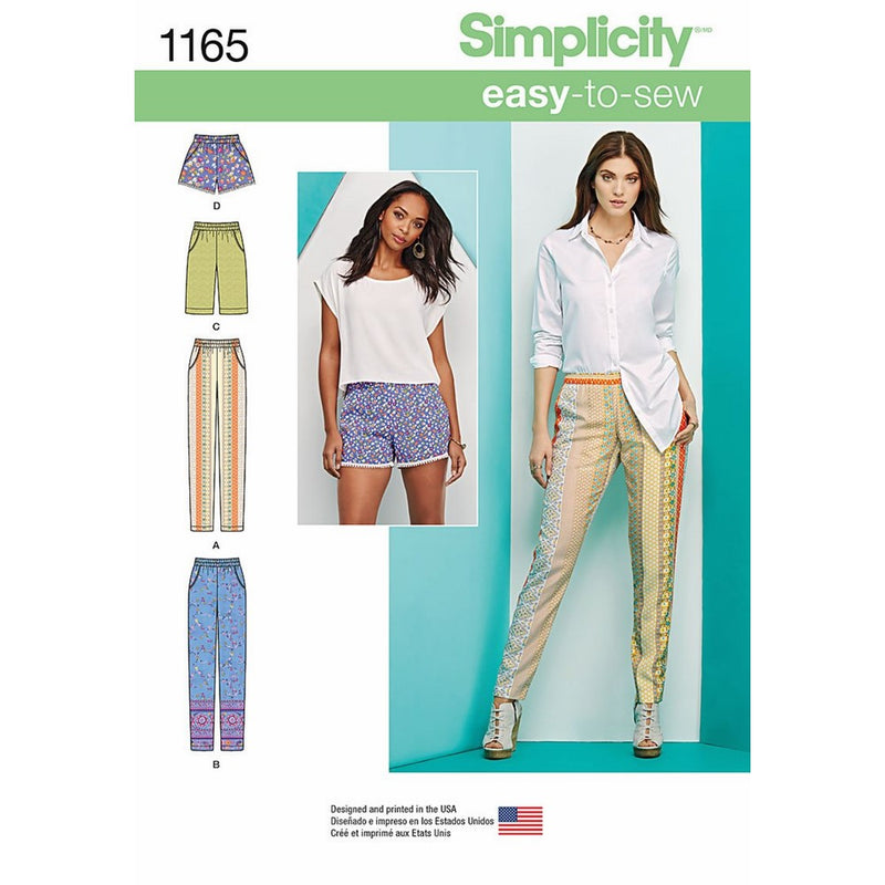 Simplicity Easy-to-Sew Pattern 1165 Misses Slim Pull-on Pants, Long, or Short Shorts Sizes 6-8-10-12-14